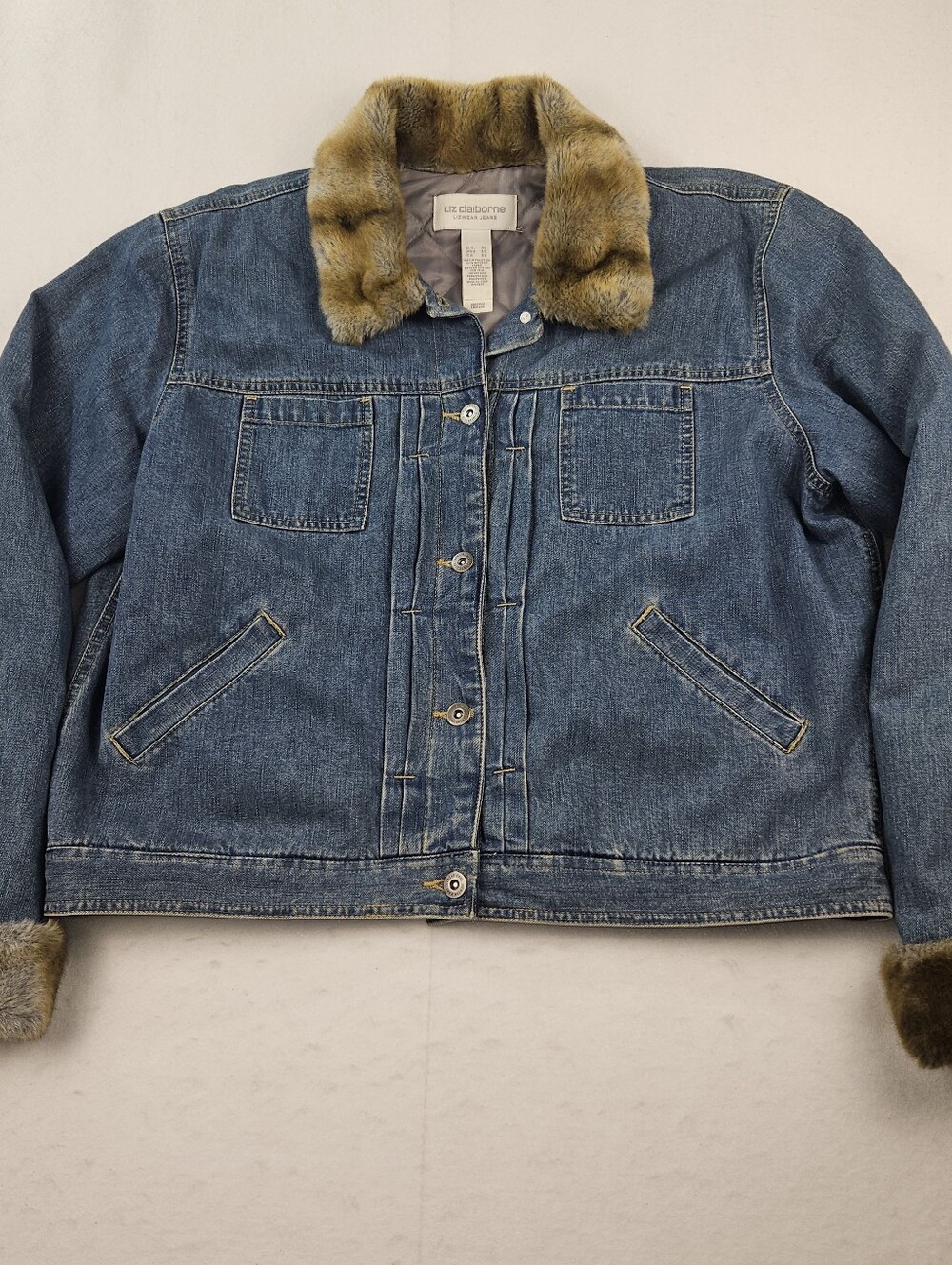 Vintage Liz Claiborne Denim Blue Jean Jacket Faux Fur Collar Trim Size XL 90's